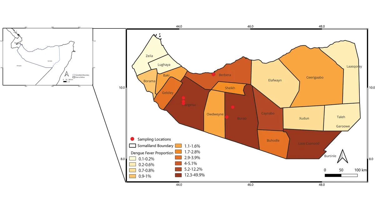 Bản đồ điểm thu mẫu Ae. aegypti tại Somaliland, Hình 1 bài PLOS NTDs