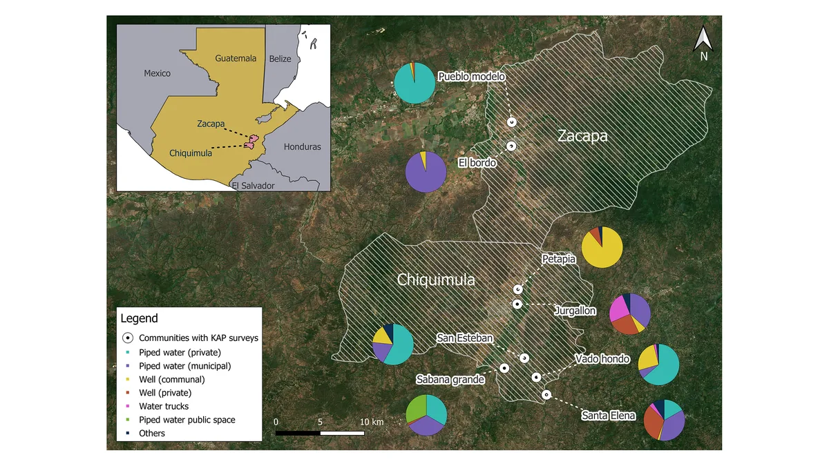 ZacapaとChiquimulaの調査対象8地域と世帯の水源の地図（PLOS NTDs論文の図1）